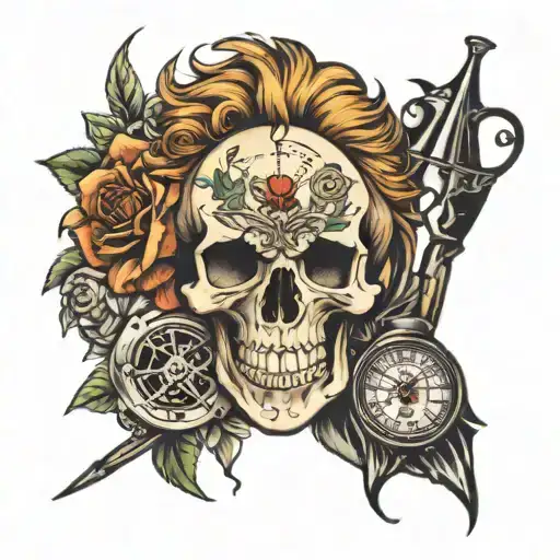 skull and lion and clock and rose and fishing tattoo design idea
