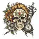 skull and lion and clock and rose and fishing tattoo design idea