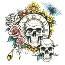 skull and lion and clock and rose and fishing tattoo design idea