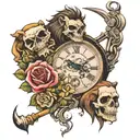 skull and lion and clock and rose and fishing tattoo design idea
