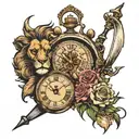 skull and lion and clock and rose and fishing tattoo design idea
