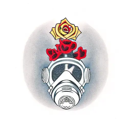 gas mask with mushroom cloud in the eyes. in left eye a destroyed city with a red rose growing. in the right eye a field tattoo design idea