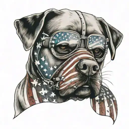 A welder's mask with a detailed American flag design, accented with welding sparks and a labrador retriever peeking out from behind tattoo design idea