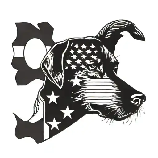 A welding torch intertwined with a labrador retriever silhouette, with the American flag waving in the background tattoo design idea