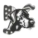 A welding torch intertwined with a labrador retriever silhouette, with the American flag waving in the background tattoo design idea