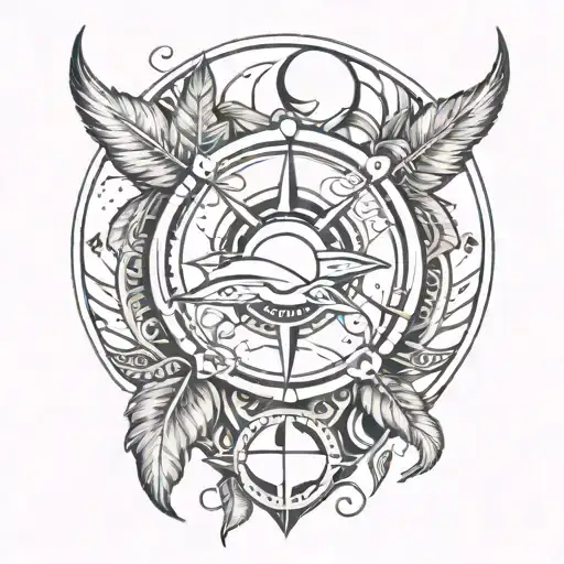 band around thigh tattoo featuring symbols integrated with a leaf a sun, dotwork, orca, spear holster, feather, moon, tattoo design idea