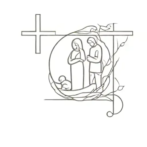 family of 4 with pregnant wife praying to a cross shaped gravestone tattoo design idea