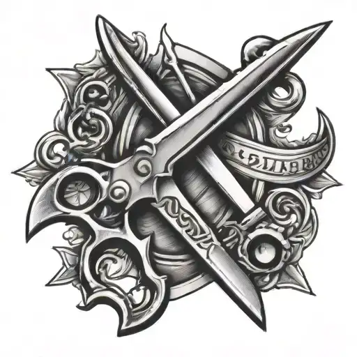Railroad spike through barber scissors tattoo tattoo design idea