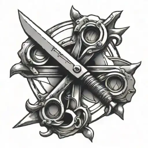 Railroad spike and scissors intertwined tattoo design idea