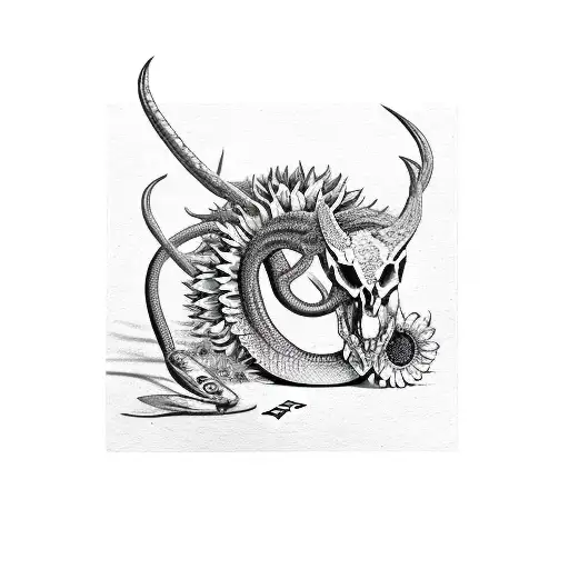 Snake, poker cards, sunflowers, long horn skull, fishing bates, deer tracks tattoo design idea