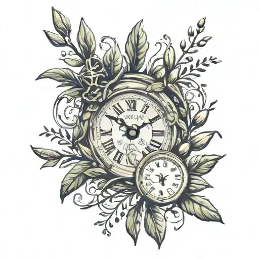 memento Mori written with a Roman olive branch and a clock at 11:59 tattoo design idea