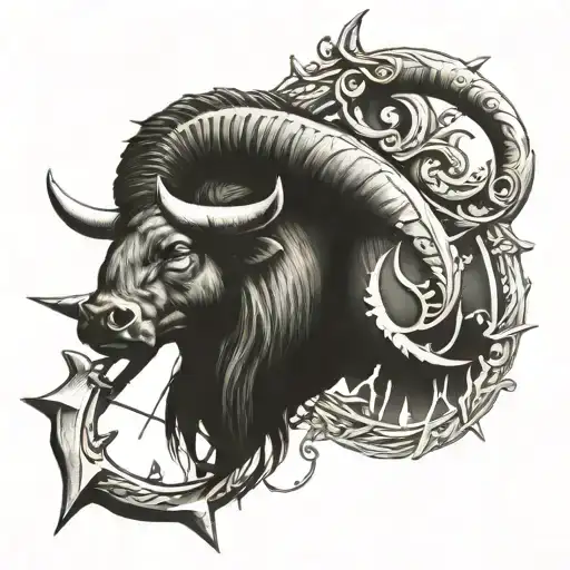 Bow and Trident as an arrow with Taurus zodiac symbol tattoo design idea