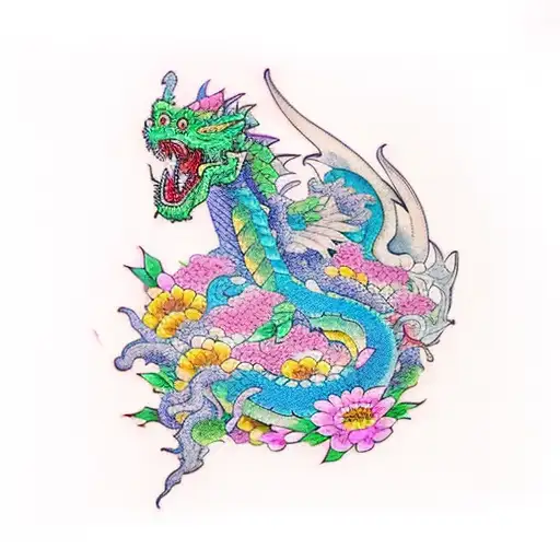 Colorful Tattoo with flowers that repsent that old and the young with a dragon springing out of it tattoo design idea