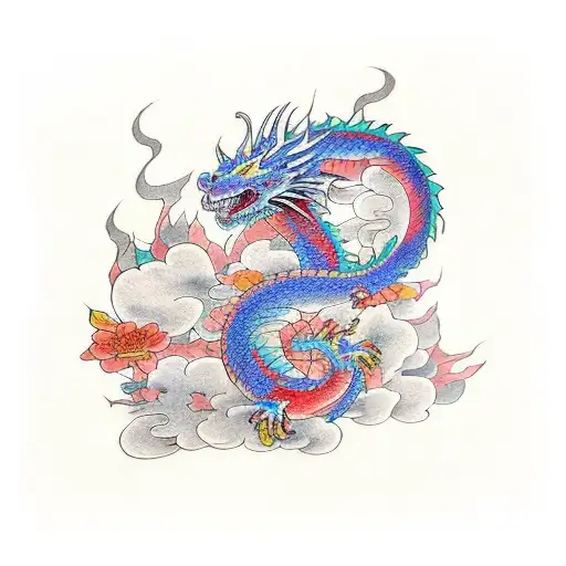 fire breathing colorful dragon with japanese flowers tattoo design idea