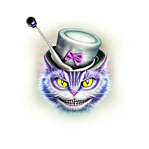Cheshire cat with mad hatter top hat holding a stop watch modern  tattoo design idea
