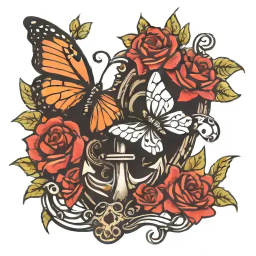 butterfly anchor rose tree  tattoo design idea