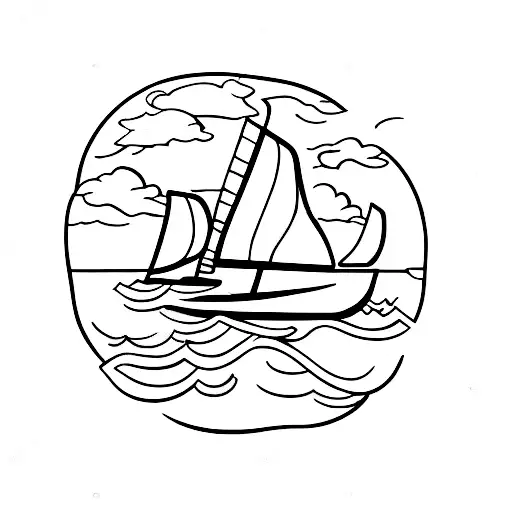 A very simple thin line draw tattoo of a half-filled wine glass with a sailboat floating in the wine. tattoo design idea