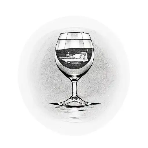 A very simple thin line draw tattoo of a half-filled wine glass with a sailboat floating in the wine. tattoo design idea