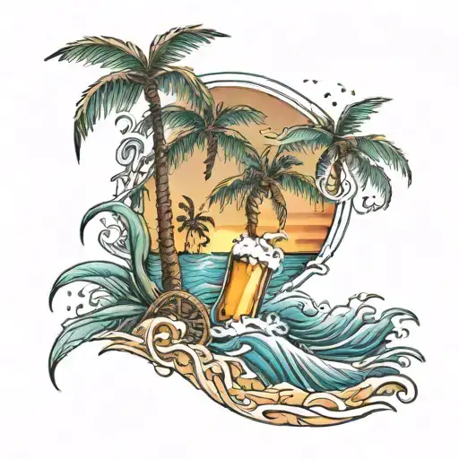 A beach scene with palm trees, waves, and a sunset, incorporating marijuana leaves and beer bottles tattoo design idea
