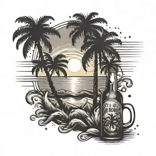 A beach scene with palm trees, waves, and a sunset, incorporating marijuana leaves and beer bottles tattoo design idea