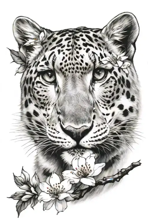 snow leopard with cherry blossoms  tattoo design idea