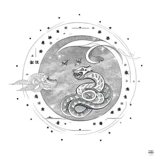 Moon, Sun, snake, lion and galaxy background tattoo design idea