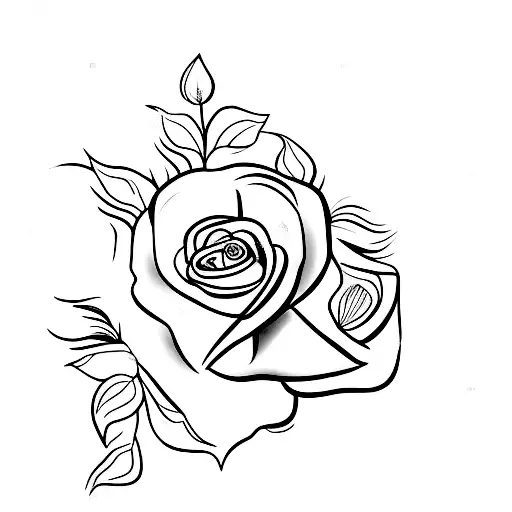 A minimalist black and white tattoo of a boxer dog playing with a rose under a tree tattoo design idea