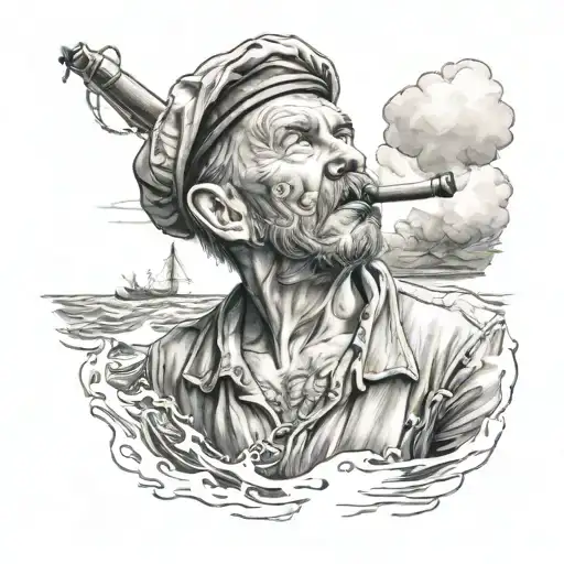 A realistic portrait tattoo of a weathered seaman with a pipe in his mouth, standing proudly on the deck of a ship as it sails through turbulent waters tattoo design idea
