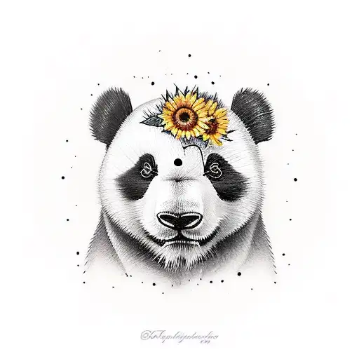 Panda face with pierced ear butterfly on nose, semi colon on forehead, sunflower tattoo design idea