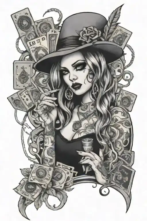 A femme fatale figure with elements of gambling, smoking weed, and horror films incorporated into her design, surrounded by dollar signs tattoo design idea
