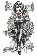 LAS VEGAS, SEXY CLOWN WOMAN, HORROR MOVIES, MARVEL MOVIES, ROSES MAD FROM MONEY tattoo design idea
