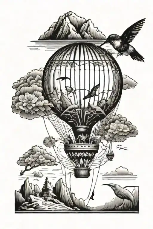air balloon with mountains and ocean beach and hummingbird and honeybee  tattoo design idea