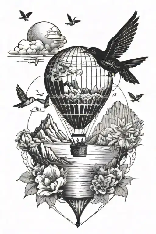 hot air balloon with mountains and beach and hummingbird and bees tattoo design idea