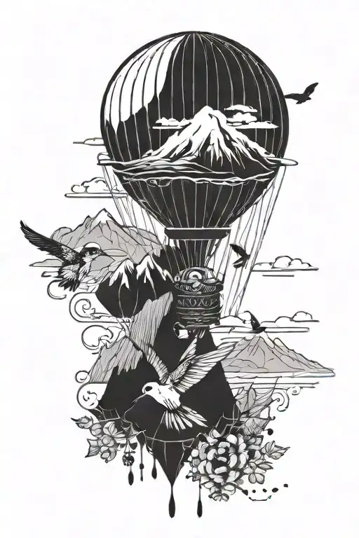 air balloon with mountains and beach and hummingbird and honeybee  tattoo design idea