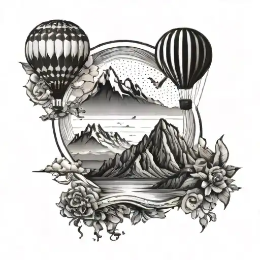 hot air balloon with mountains and ocean and hummingbird tattoo design idea
