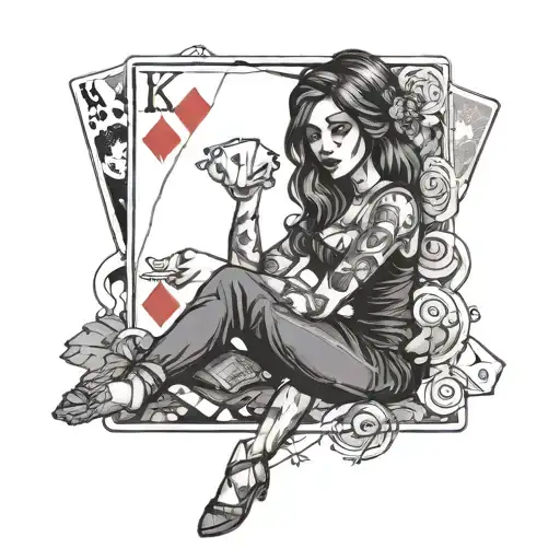 a girl holding a poker cards tattoo design idea