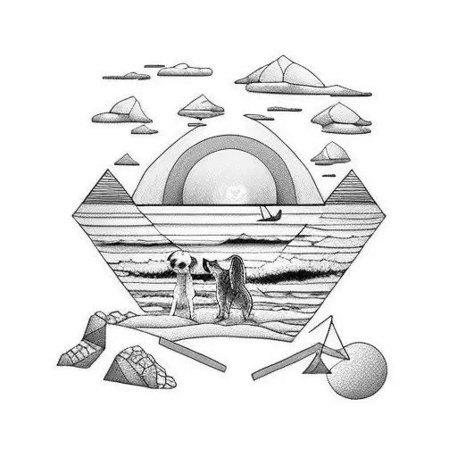 beach with a man and a dog sitting watching the sunset tattoo design idea