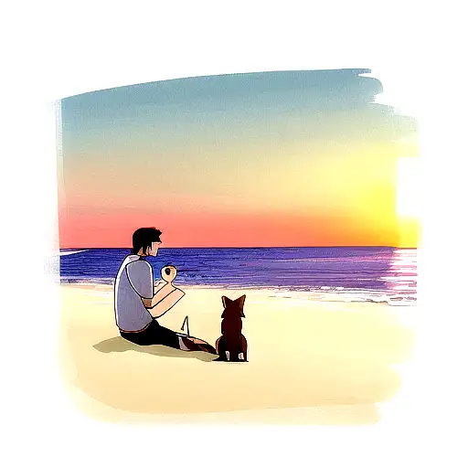 beach with a man and a dog sitting watching the sunset tattoo design idea