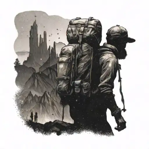 A silhouette of a traveler with a backpack exploring a surreal landscape made up of famous landmarks tattoo design idea
