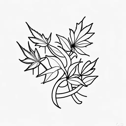 A minimalist tattoo of a provocative and symbolic design combining a cannabis leaf and ancient Greek architecture. tattoo design idea