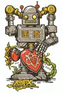 robot holding a mechanical heart, in front of a grave stone that reads "Mistaken" on it  tattoo design idea