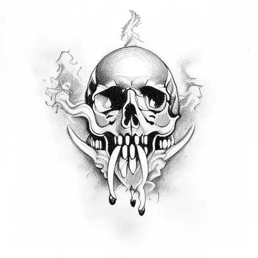 laughing skulls in smoke, black and white  tattoo design idea