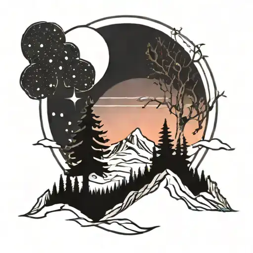 Tattoo sketch: Mountain landscape with a starry night sky. On both sides of the picture there are two trees that frame the landscape like an arch tattoo design idea