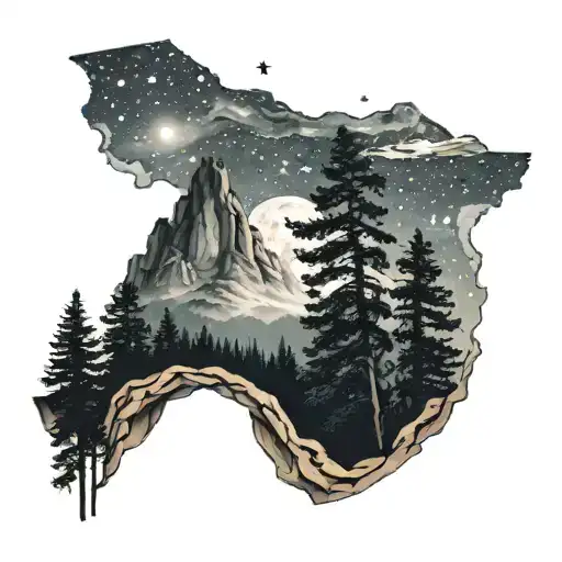 Mountain landscape with night starry sky. On both sides of the picture there are two trees that frame the landscape like an arch tattoo design idea