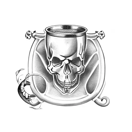 A beer mug with a skull and crossbones design, surrounded by musical notes tattoo design idea