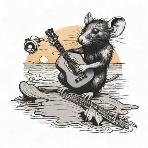 A black-grey tattoo of a rat playing guitar on a beach at sunset tattoo design idea