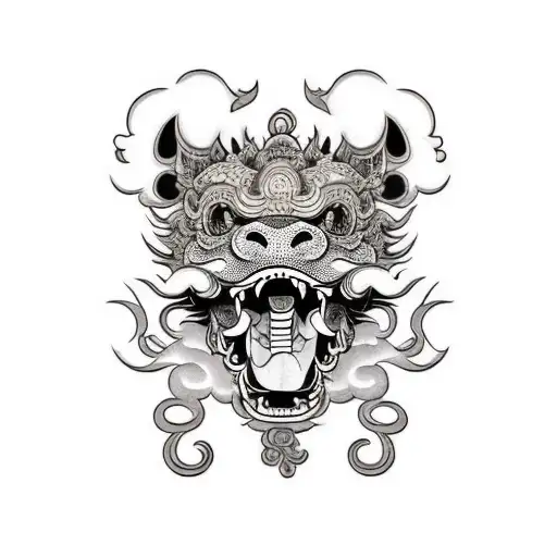 foo dog head with smoke and Guardian kanji left hand  tattoo design idea