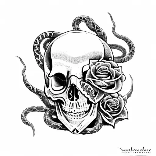 a skull with snakes and roses tattoo design idea