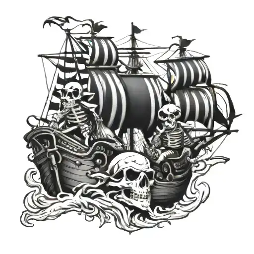 skeleton pirates on a pirate ship sailing tattoo design idea