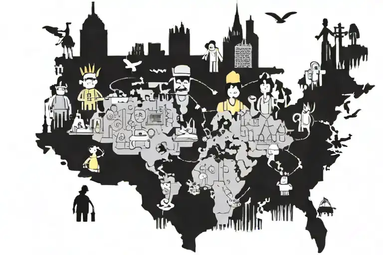 Bob's Burgers characters on a world map, marking places they've traveled tattoo design idea